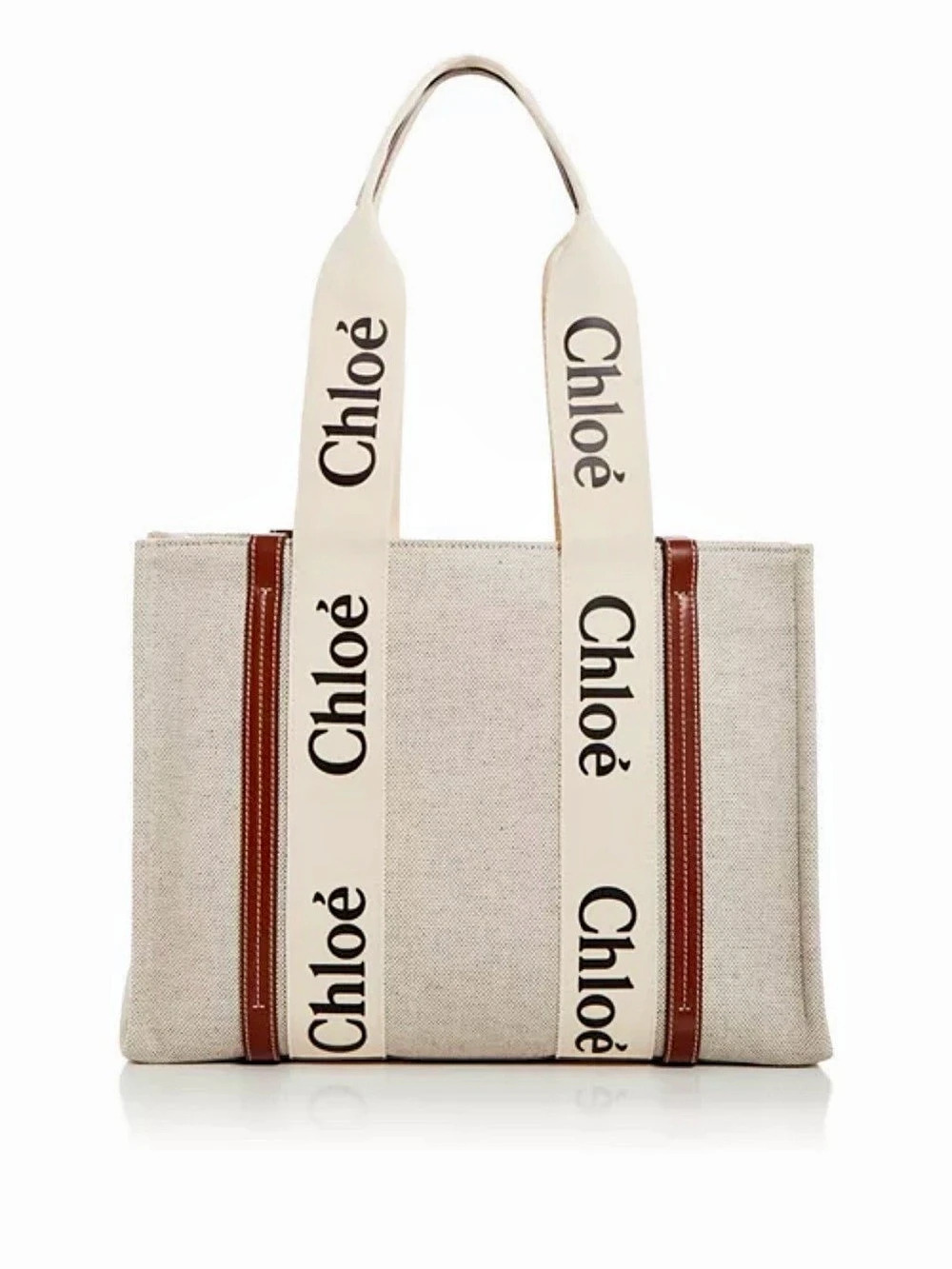 NWT Chloé Large Woody Linen Canvas Tote Bag in Beige & Brown